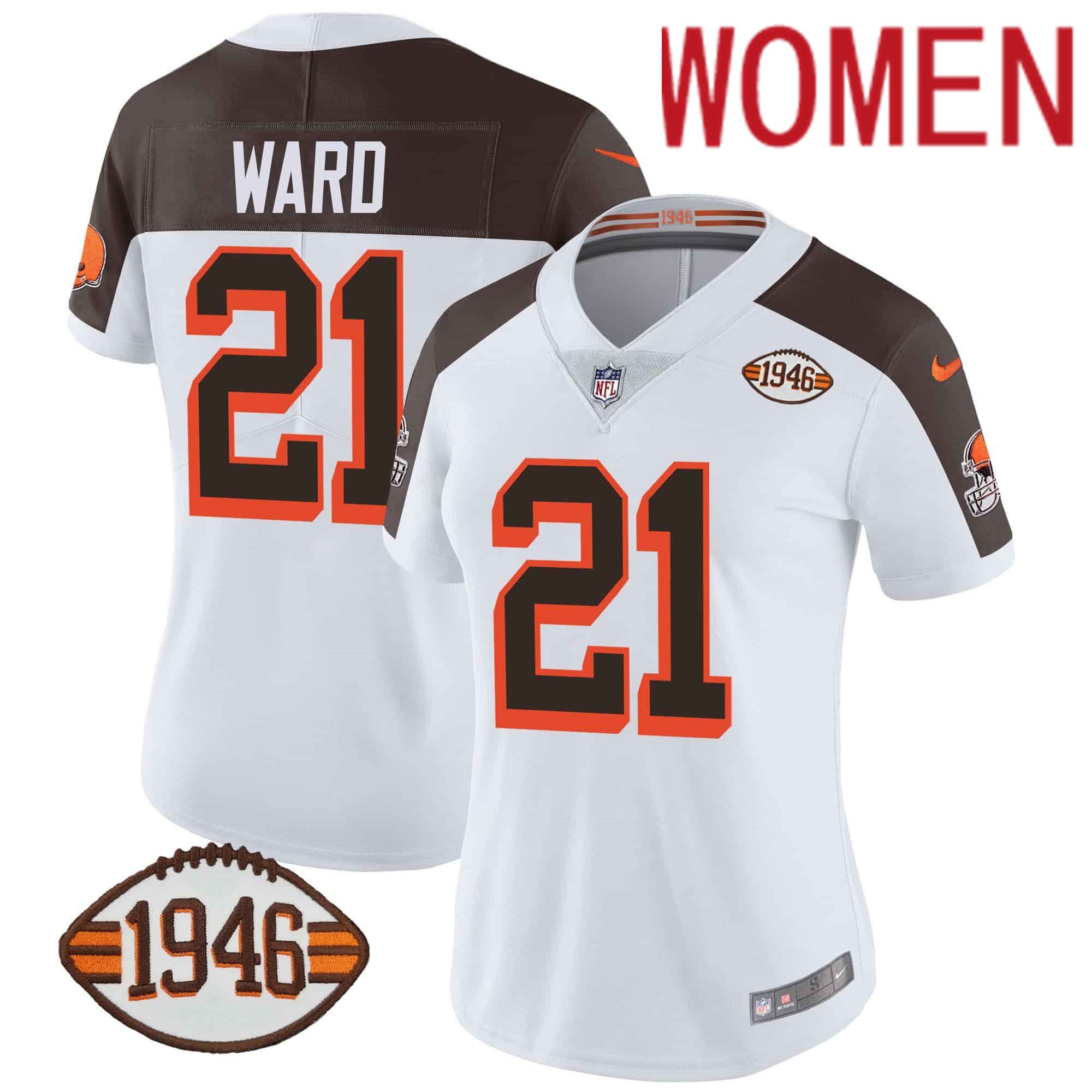Women Cleveland Browns #21 Ward White 1946 75th Anniversary Patch 2024 Nike NFL Jersey style 1->women nfl jersey->Women Jersey